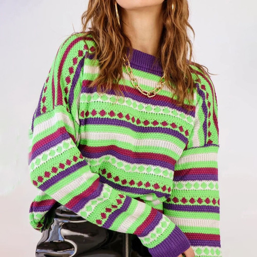 Crew Neck Contrast Striped Long Sleeve Sweater