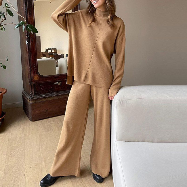 Simple Long Sleeve Solid Color Sweater Two Piece Set