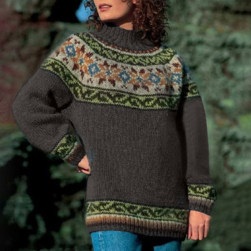 Vintage Turtleneck Long Sleeve Jacquard Sweater