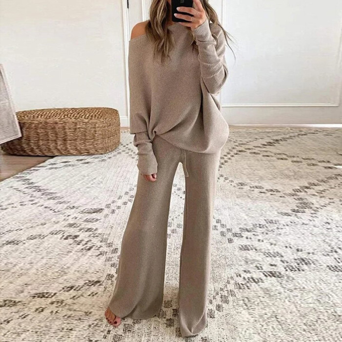 Pure color round neck long sleeve casual two-piece set