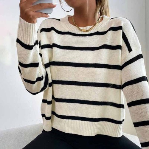 Striped Graphic Collar Drop Sleeve Pullover Sweater