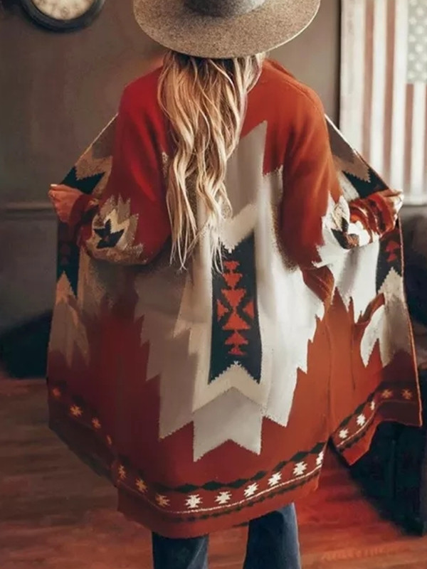 Ethnic Print Long Cardigan Coat