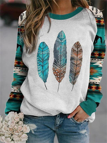 Western Feathers Print Aztec Patchwork Sweatshirt