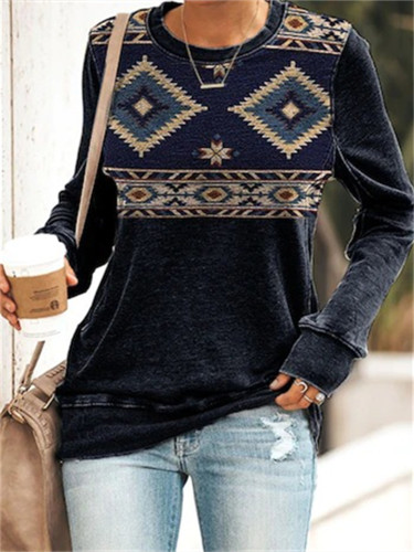 Western Aztec Pattern Patchwork Print Sweatshirt