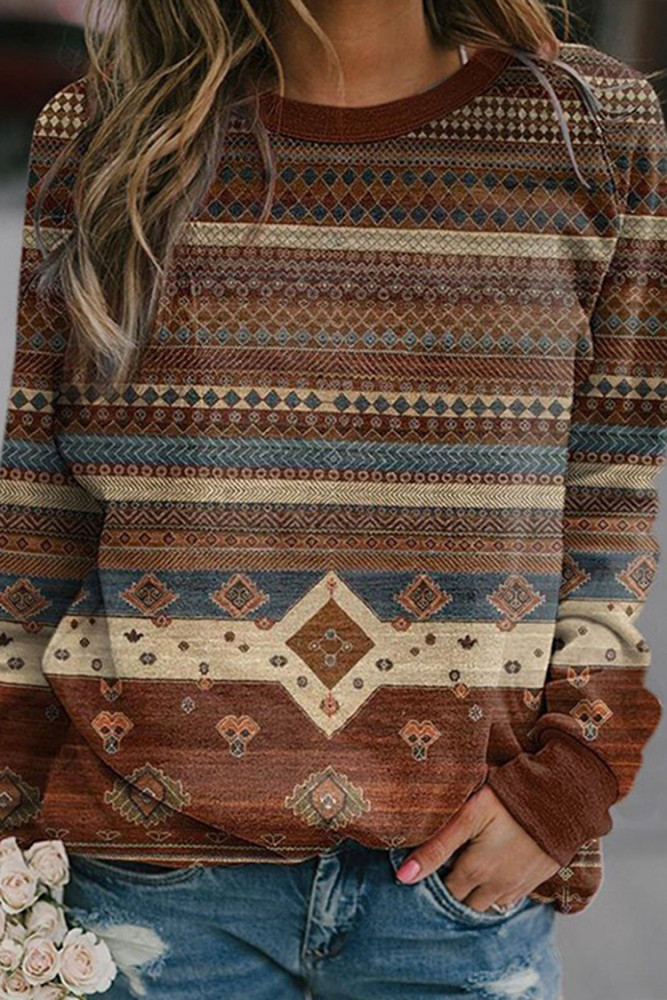 Western Print Long Sleeve Casual Sweatshirt