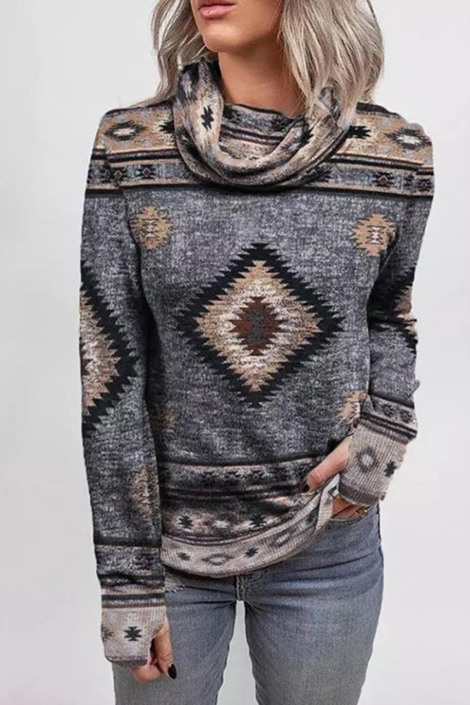 Totem Print Turtleneck Long Sleeve Casual Sweatshirt