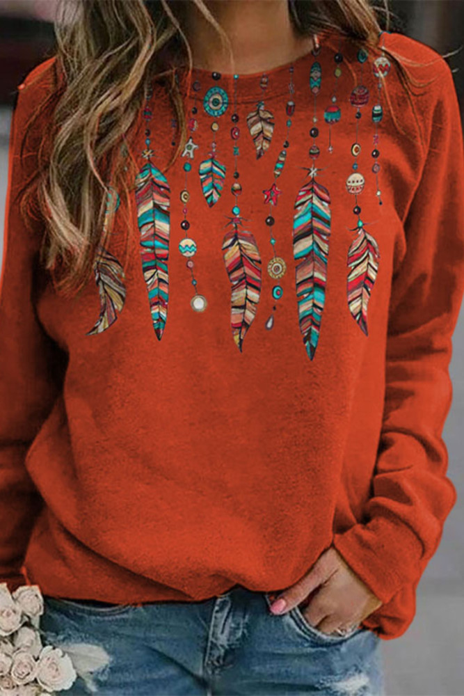 Casual Western Feather Print Sweatshirt