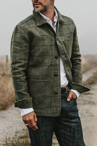 Casual Fitted Army Green Check Jacket