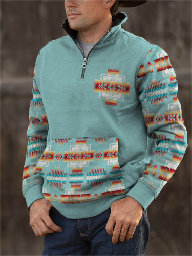 Men's Western Aztec Patchwork Zip Up Sweatshirt