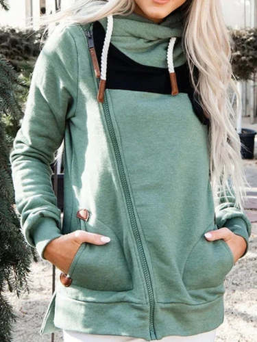 Oblique Zipper Colorblock Casual Hooded Sweatshirt