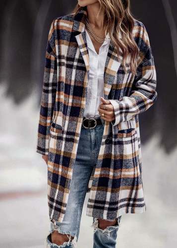 Plaid Buttoned Long Sleeve Trench Coat