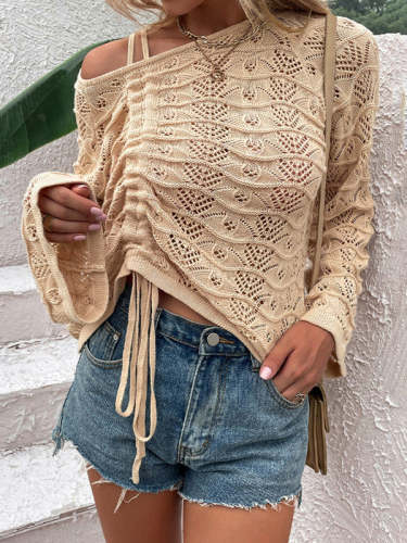 Solid Color Hollow Out Drawstring Knitted Sweater