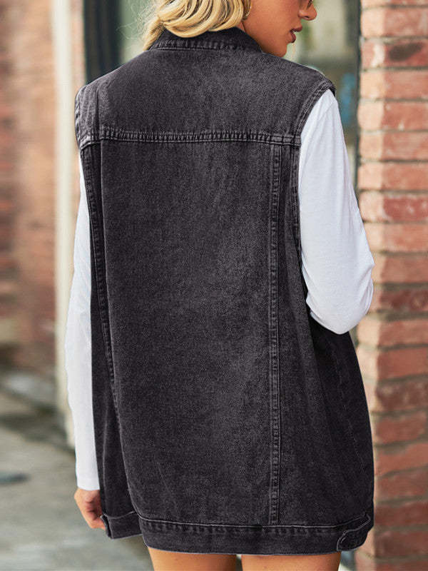 Retro Lapel Neck Denim Vest Outwear