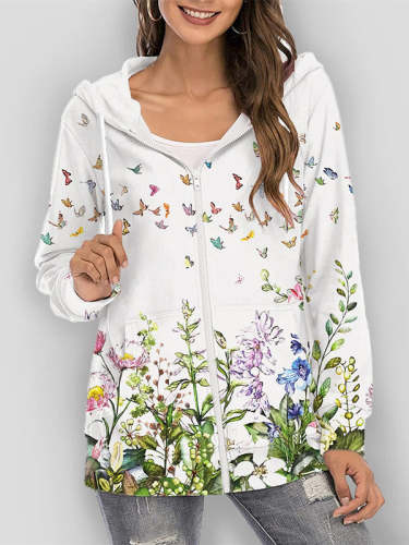 Floral Print Zipper Up Hooded Sweatshirt