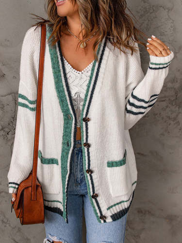 Contrast Color Knitting Cardigan with Pockets