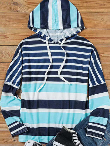 Stripes Print Drawstring Casual Hooded Sweatshirt