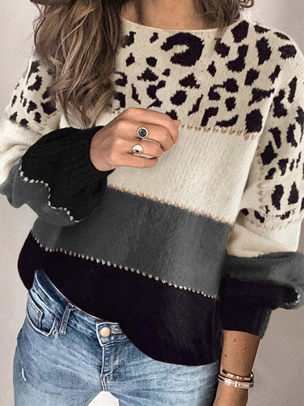 Leopard Color Block Round Neck Sweater