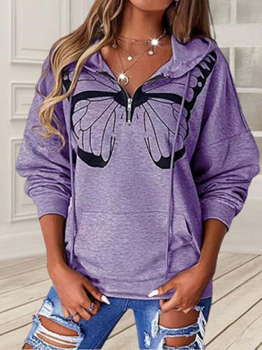 Butterfly Print Pocket Hooded Loose Sweatshirt