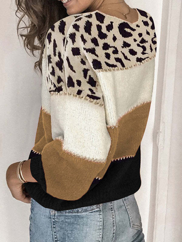 Leopard Color Block Round Neck Sweater