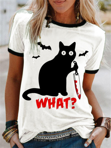 Spooky Black Cat With Bloody Knife T Shirt