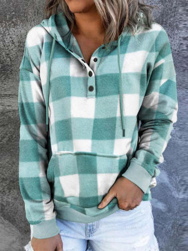 Plaid Print Hooded Sweatshirt with Pocket