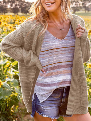 Lantern Sleeve Knitted Cardigan With Pockets
