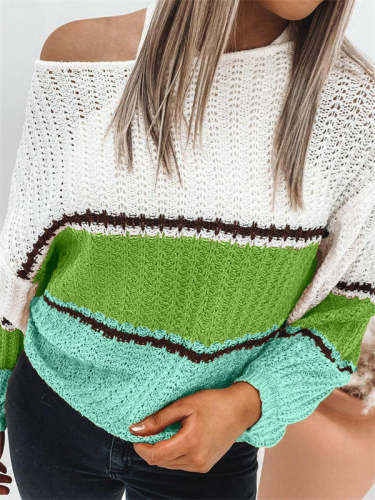 One Shoulder Colorblock Cutout Long-Sleeve Knit Sweater