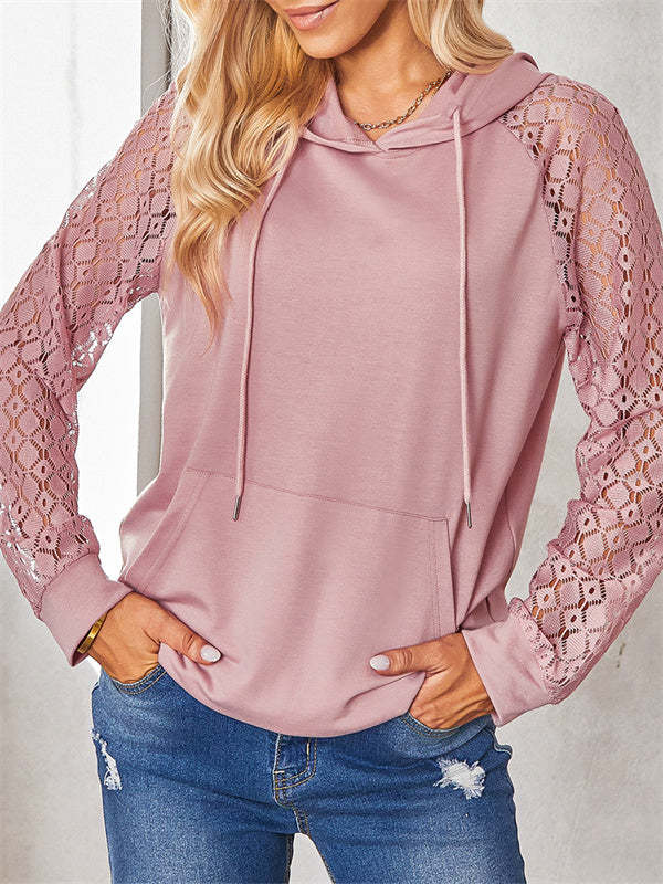 Lace Sleeve Panel Hooded Pullover Sweatshirt