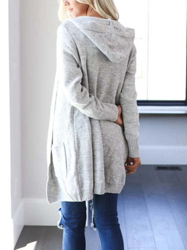 Casual Knitted Hooded Cardigan with Pockets