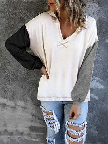 Color Block Sleeve V-neck Casual Hoodie