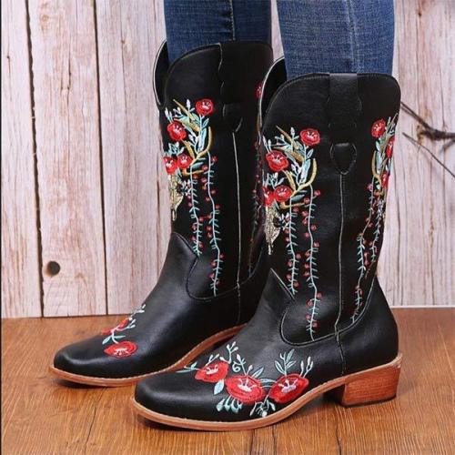 Women'S Tall Vintage Embroidered Chunky Heel Rider Boots 08425752