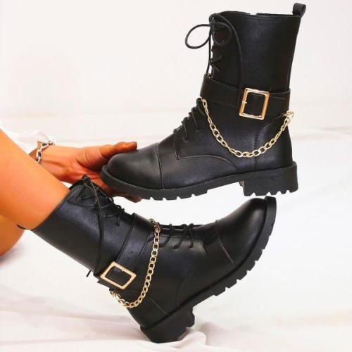 Women'S Gold Chain Black Martin Boots 07117046