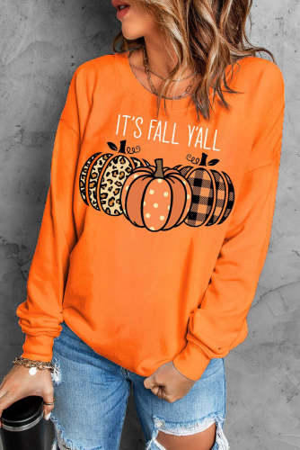 Orange Pumpkin Print Plain Crew Neck Pullover Sweatshirt