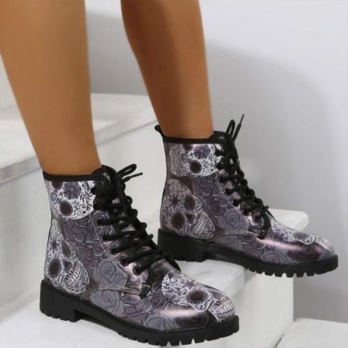 Women'S Autumn And Winter Short Lace-Up Soft Leather Print Martin Boots 13723300