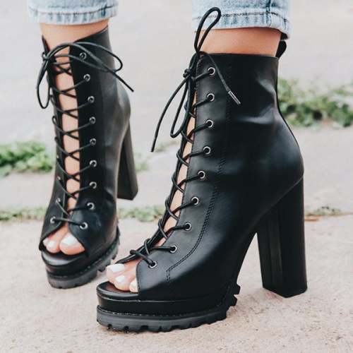 Women Fish Mouth Open Toe Lace Boot Platform High Heel Motorcycle Boot
