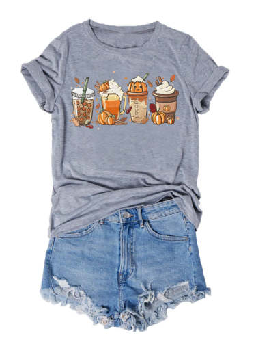 Pumpkin Coffee Print Casual Solid T-Shirt