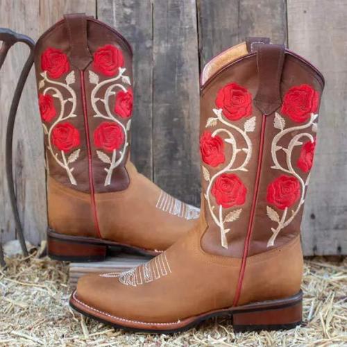 Women'S Rose Embroidered Round Toe Chunky Heel Rider Boots 52701723