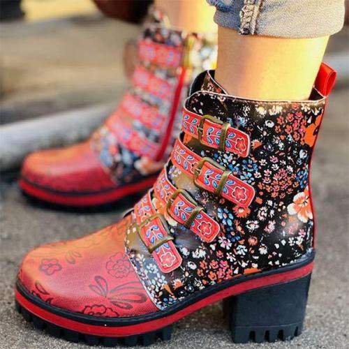 Women'S Printed Belt Buckle Chunky Heel High Heel Booties 12436725C