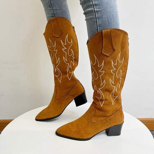 Women'S Pointed Toe Block Heel Embroidered Rider Boots 19556820