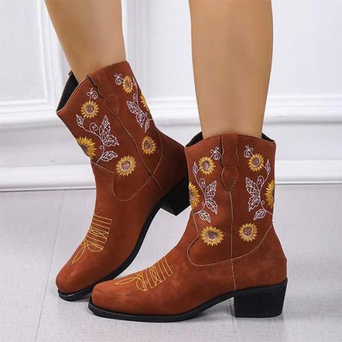 Women'S Floral Embroidered Chunky Heel Martin Boots 51359473C