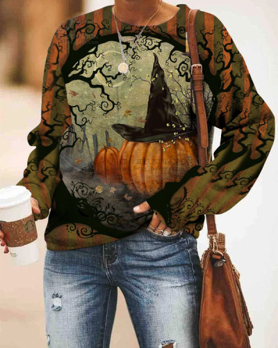 Women's Pumpkin Wizard Hat Print Loose Sweatshirt
