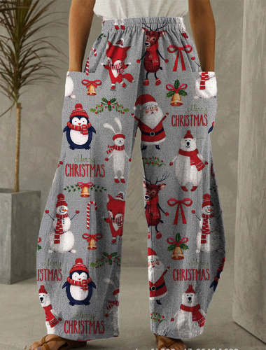 Christmas Grey Print Casual Pants