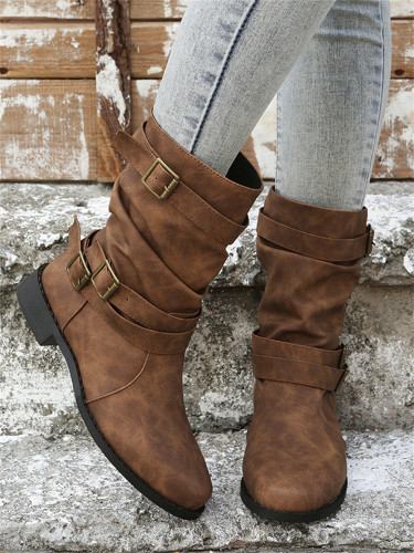 Vintage Buckles Stacked Calf Boots