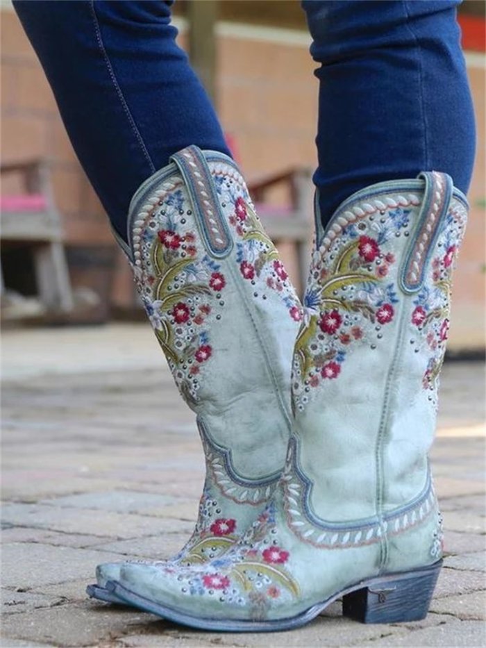 Chunky Heel Embroidered Rivets Mid-Tube Martin Boots