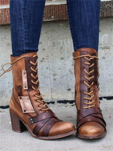 Vintage Patchwork Studded Laced Boots