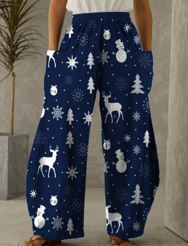 Christmas Navy Blue Print Casual Pants