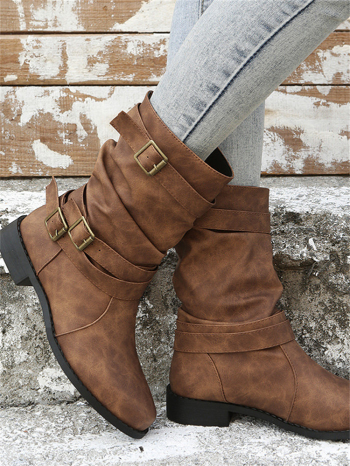 Vintage Buckles Stacked Calf Boots