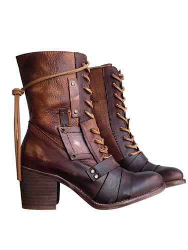 Vintage Patchwork Studded Laced Boots