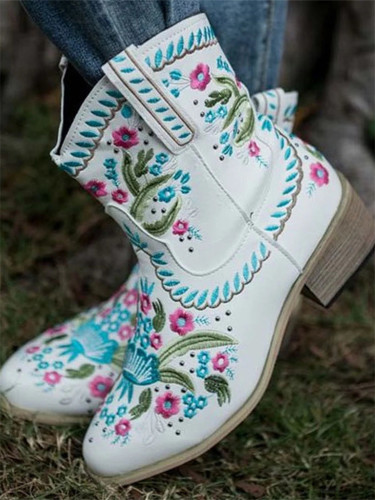 Vintage Floral Embroidered Cowgirl Ankle Boots