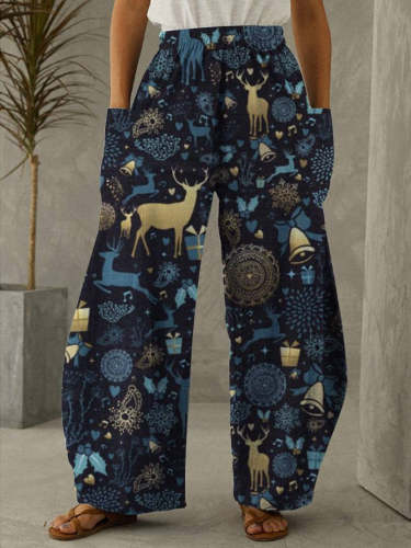 Christmas Navy Blue Elk Print Vintage Casual Loose Pants